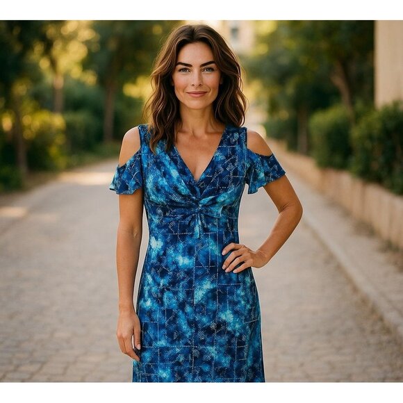 Catherines Blue Print Cold Shoulder Twist Knot Midi Dress Size 5X 34/36W Plus Sz - Picture 8 of 8